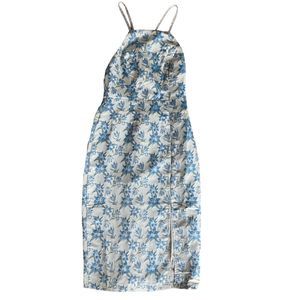 Lulus Size XS Blue Floral Satin Dress High Neck Strappy Back NWOT Flaw